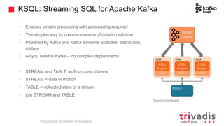 KSQL: Streaming SQL for Apache Kafka
• Enables stream processing with zero coding required
• The simples way to process streams of data in real-time
• Powered by Kafka and Kafka Streams: scalable, distributed,
mature
• All you need is Kafka – no complex deployments
• STREAM and TABLE as first-class citizens
• STREAM = data in motion
• TABLE = collected state of a stream
• join STREAM and TABLE
Introduction to Stream Processing
Source: Confluent
 