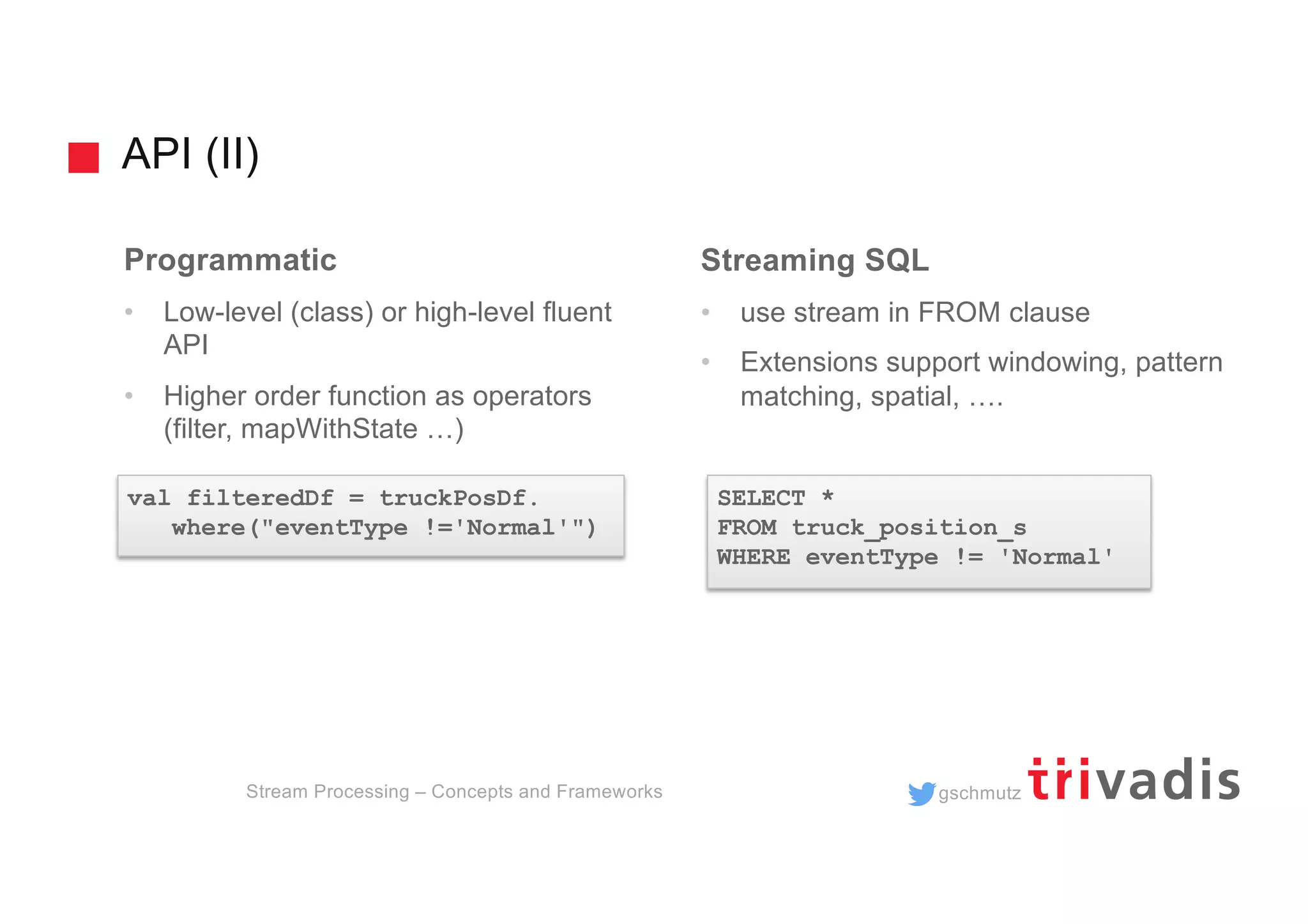 gschmutz
Programmatic
• Low-level (class) or high-level fluent
API
• Higher order function as operators
(filter, mapWithState …)
API (II)
Stream Processing – Concepts and Frameworks
Streaming SQL
• use stream in FROM clause
• Extensions support windowing, pattern
matching, spatial, ….
val filteredDf = truckPosDf.
where("eventType !='Normal'")
SELECT *
FROM truck_position_s
WHERE eventType != 'Normal'
 