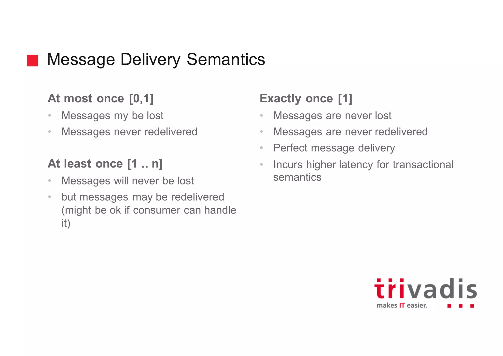 Message Delivery Semantics
At most once [0,1]
• Messages my be lost
• Messages never redelivered
At least once [1 .. n]
• Messages will never be lost
• but messages may be redelivered
(might be ok if consumer can handle
it)
Exactly once [1]
• Messages are never lost
• Messages are never redelivered
• Perfect message delivery
• Incurs higher latency for transactional
semantics
 