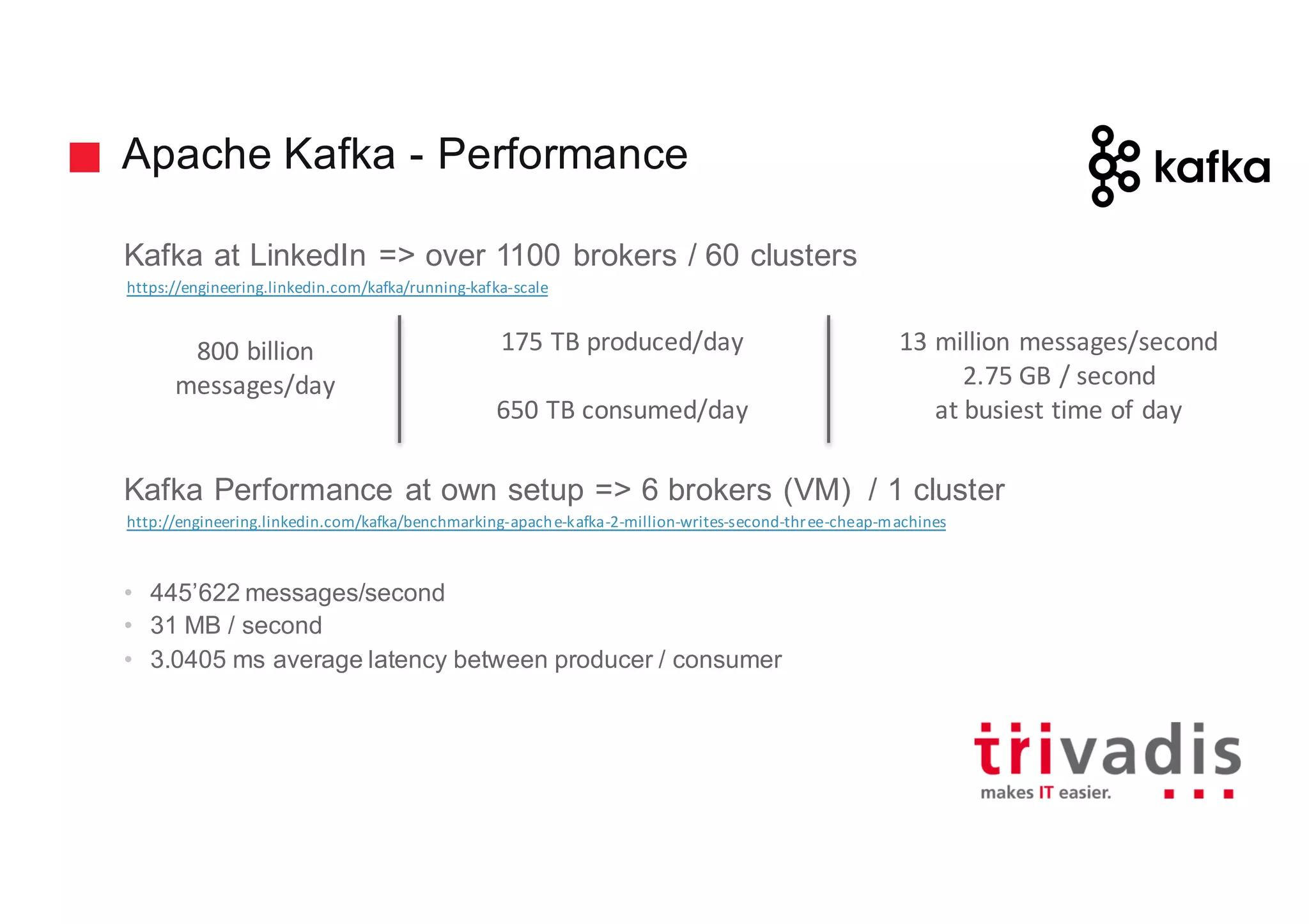 Apache Kafka - Performance
Kafka at LinkedIn => over 1100 brokers / 60 clusters
Kafka Performance at own setup => 6 brokers (VM) / 1 cluster
• 445’622 messages/second
• 31 MB / second
• 3.0405 ms average latency between producer / consumer
800	billion
messages/day
175	TB	produced/day
650	TB	consumed/day
13	million	messages/second
2.75	GB	/	second
at	busiest	time	of	day
http://engineering.linkedin.com/kafka/benchmarking-apache-kafka-2-million-writes-second-three-cheap-machines
https://engineering.linkedin.com/kafka/running-kafka-scale
 