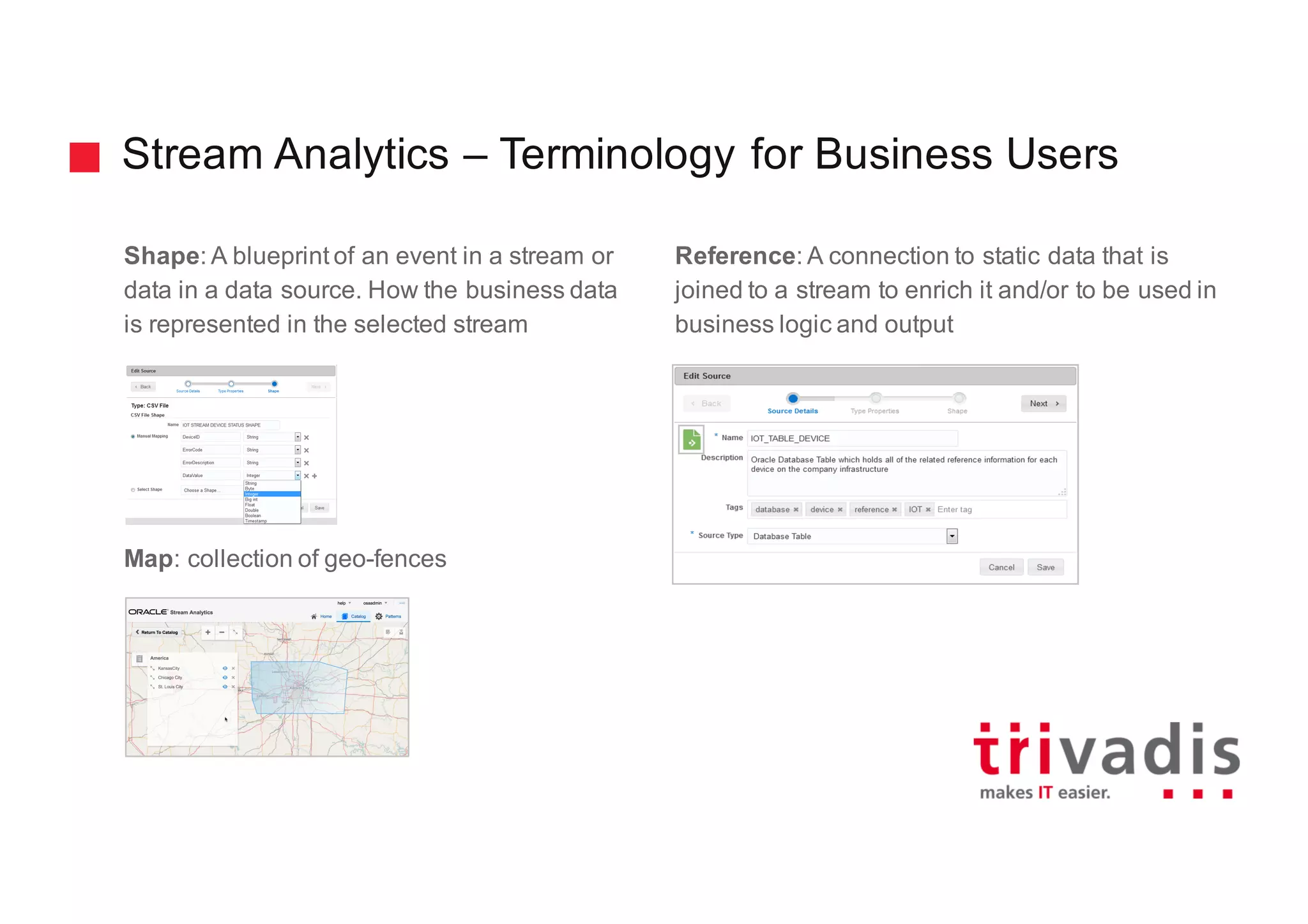 Stream Analytics – Terminology for Business Users
Shape: A blueprint of an event in a stream or
data in a data source. How the business data
is represented in the selected stream
Map: collection of geo-fences
Reference: A connection to static data that is
joined to a stream to enrich it and/or to be used in
business logic and output
 