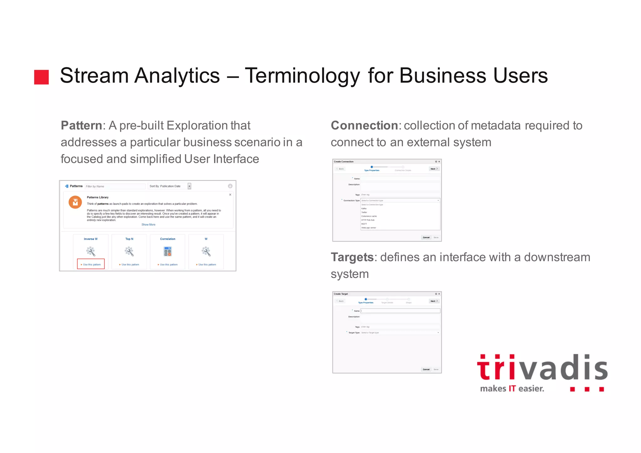 Stream Analytics – Terminology for Business Users
Pattern: A pre-built Exploration that
addresses a particular business scenario in a
focused and simplified User Interface
Connection: collection of metadata required to
connect to an external system
Targets: defines an interface with a downstream
system
 