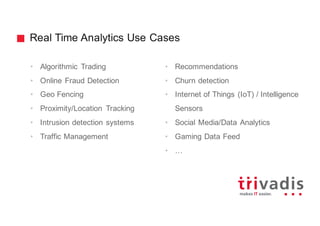 Real Time Analytics Use Cases
• Algorithmic Trading
• Online Fraud Detection
• Geo Fencing
• Proximity/Location Tracking
• Intrusion detection systems
• Traffic Management
• Recommendations
• Churn detection
• Internet of Things (IoT) / Intelligence
Sensors
• Social Media/Data Analytics
• Gaming Data Feed
• …
 