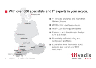 COPENHAGEN
MUNICH
LAUSANNE
BERN
ZURICH
BRUGG
GENEVA
HAMBURG
DÜSSELDORF
FRANKFURT
STUTTGART
FREIBURG
BASEL
VIENNA
With over 600 specialists and IT experts in your region.
© Trivadis – The Company4 03.06.16
14 Trivadis branches and more than
600 employees
200 Service Level Agreements
Over 4,000 training participants
Research and development budget:
CHF 5.0 million
Financially self-supporting and
sustainably profitable
Experience from more than 1,900
projects per year at over 800
customers
 
