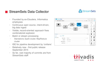 StreamSets Data Collector
• Founded by ex-Cloudera, Informatica
employees
• Continuous open source, intent-driven,
big data ingest
• Visible, record-oriented approach fixes
combinatorial explosion
• Batch or stream processing
• Standalone, Spark cluster, MapReduce
cluster
• IDE for pipeline development by ‘civilians’
• Relatively new - first public release
September 2015
• So far, vast majority of commits are from
StreamSets staff
 