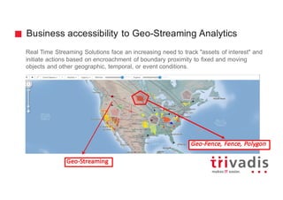 Business accessibility to Geo-Streaming Analytics
Real Time Streaming Solutions face an increasing need to track "assets of interest" and
initiate actions based on encroachment of boundary proximity to fixed and moving
objects and other geographic, temporal, or event conditions.
Geo-Fence,	Fence,	Polygon
Geo-Streaming
 