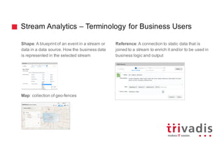Stream Analytics – Terminology for Business Users
Shape: A blueprint of an event in a stream or
data in a data source. How the business data
is represented in the selected stream
Map: collection of geo-fences
Reference: A connection to static data that is
joined to a stream to enrich it and/or to be used in
business logic and output
 