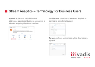 Stream Analytics – Terminology for Business Users
Pattern: A pre-built Exploration that
addresses a particular business scenario in a
focused and simplified User Interface
Connection: collection of metadata required to
connect to an external system
Targets: defines an interface with a downstream
system
 