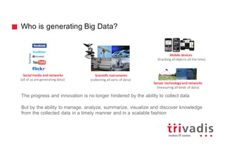 Who is generating Big Data?
The progress and innovation is no longer hindered by the ability to collect data
But by the ability to manage, analyze, summarize, visualize and discover knowledge
from the collected data in a timely manner and in a scalable fashion
Social	media	and	networks
(all	of	us	are	generating	data)
Scientific	instruments
(collecting	all	sorts	of	data)	
Mobile	devices	
(tracking	all	objects	all	the	time)
Sensor	technology	and	networks
(measuring	all	kinds	of	data)	
 