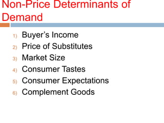 Non-Price Determinants of
Demand
1) Buyer’s Income
2) Price of Substitutes
3) Market Size
4) Consumer Tastes
5) Consumer Expectations
6) Complement Goods
 
