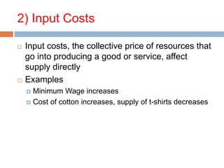 2) Input Costs
 Input costs, the collective price of resources that
go into producing a good or service, affect
supply directly
 Examples
 Minimum Wage increases
 Cost of cotton increases, supply of t-shirts decreases
 