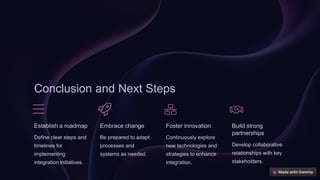 Conclusion and Next Steps
Establish a roadmap
Define clear steps and
timelines for
implementing
integration initiatives.
Embrace change
Be prepared to adapt
processes and
systems as needed.
Foster innovation
Continuously explore
new technologies and
strategies to enhance
integration.
Build strong
partnerships
Develop collaborative
relationships with key
stakeholders.
 