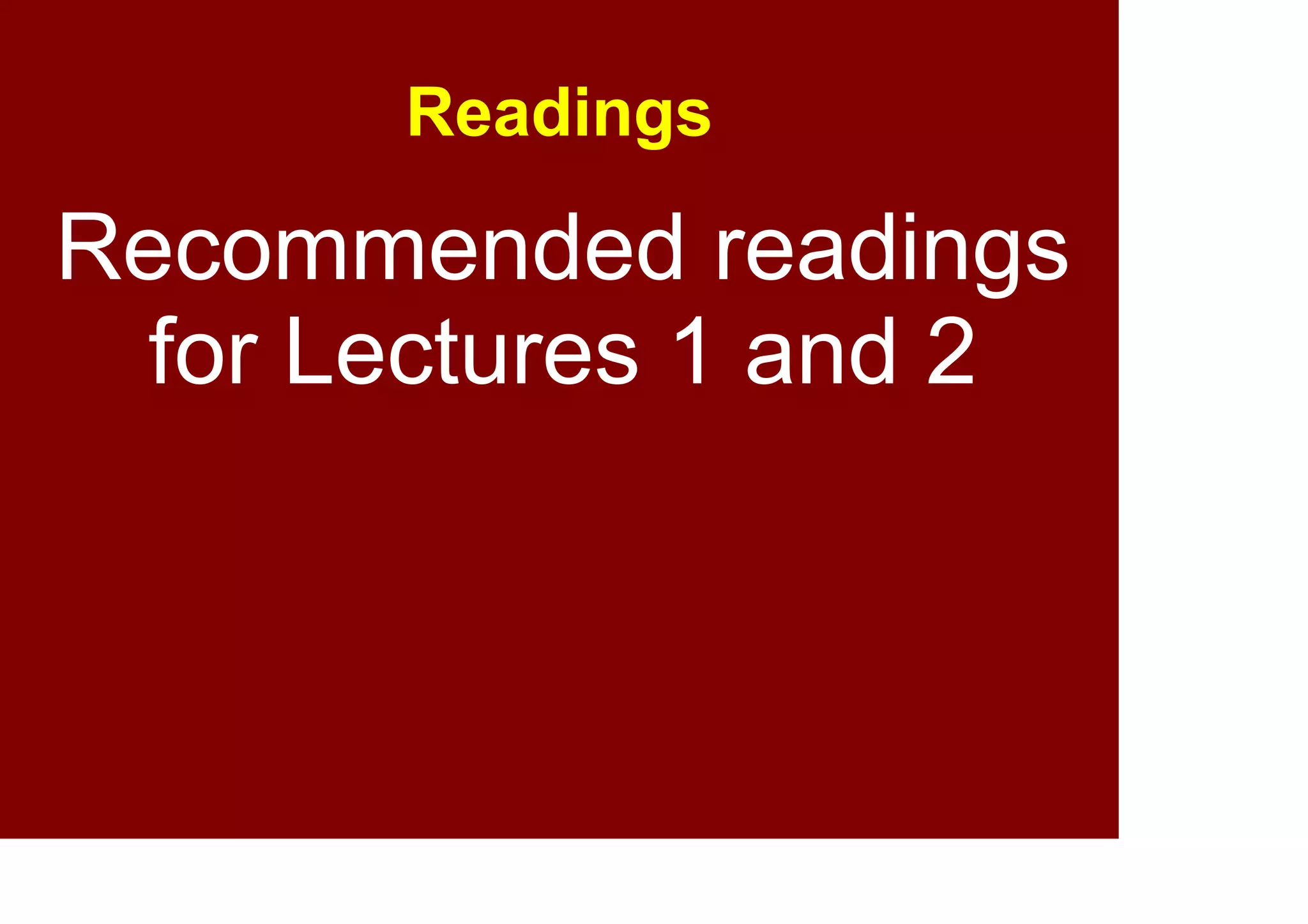 Readings
Recommended readings
for Module 1
(Lectures 1 and 2)
 