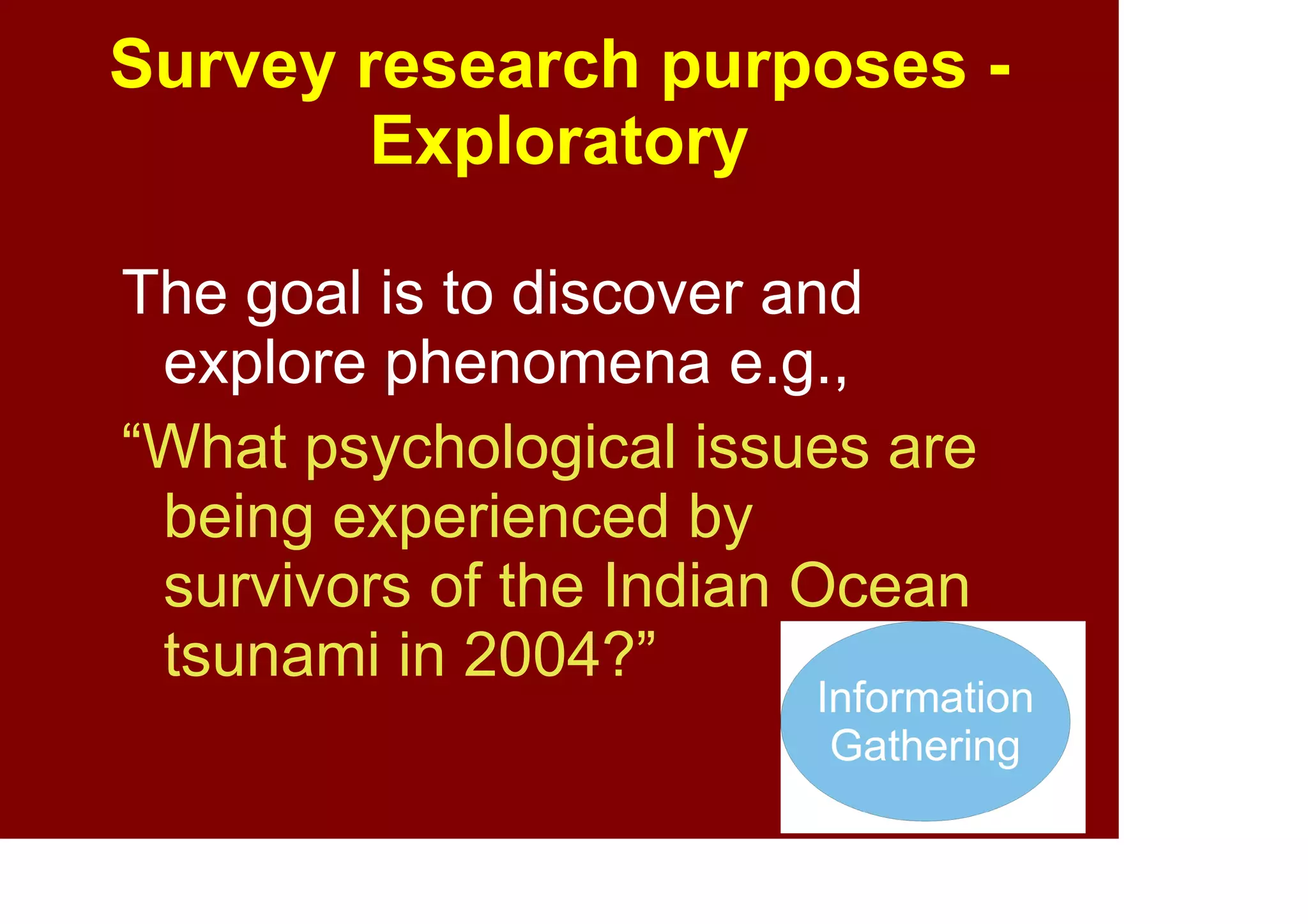 39
Survey research purposes -
Exploratory
The goal is to discover and
explore psychological
phenomena e.g.,
“What psychological issues are
experienced by survivors of
natural disasters?”
Information
Gathering
 