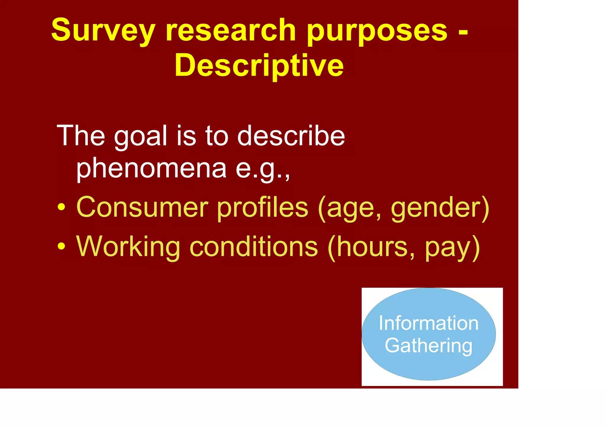 41
Survey research purposes -
Explanatory
The goal is to explain
phenomena by looking at the
relations between, and patterns
amongst, variables e.g.,
• Are extraverts happier than
introverts?
Why? (or why not?) Theory
Testing
& Building
 