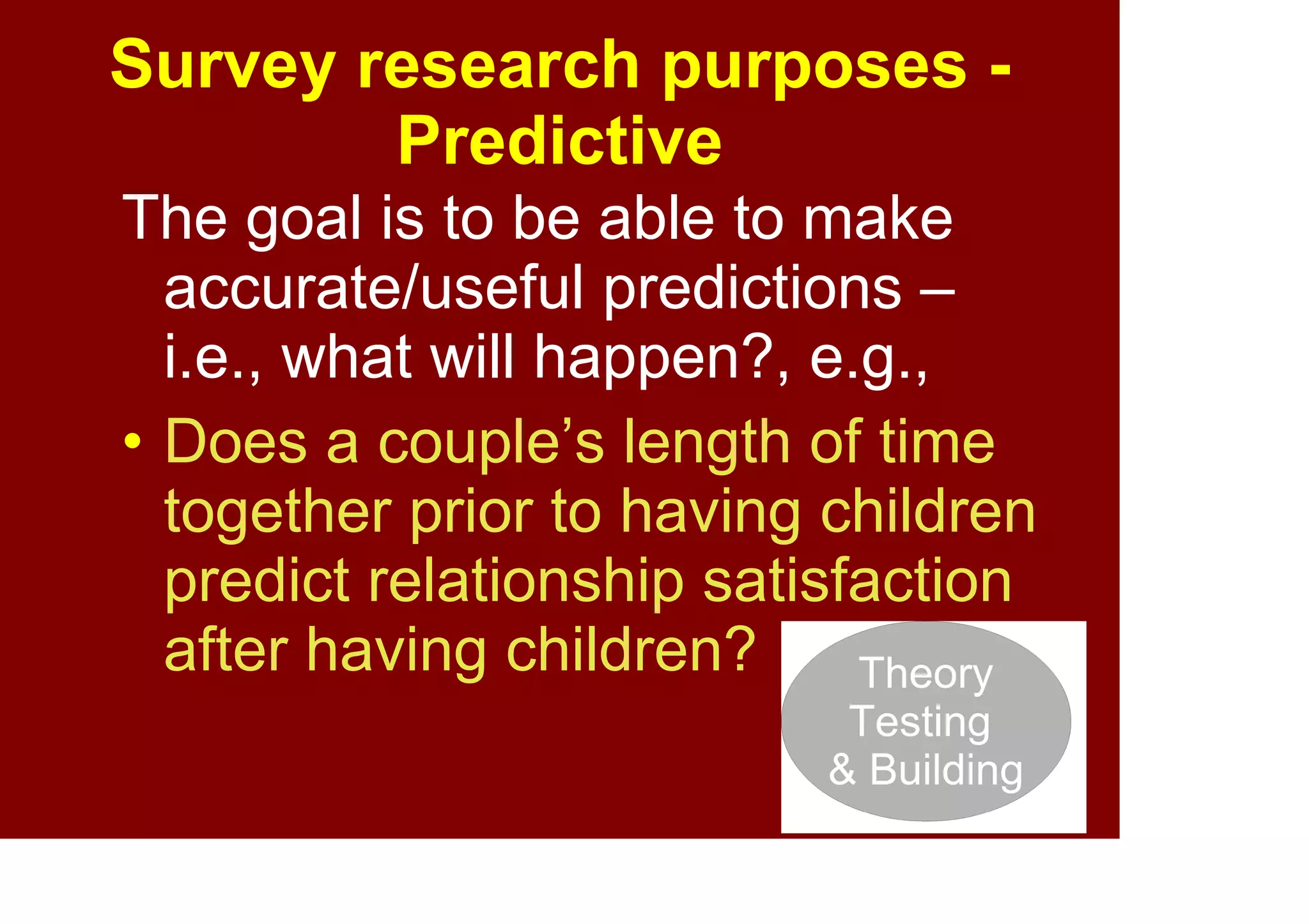 45
Quiz question 6
What is the goal of this study?
A researcher administers a happiness
survey and a personality survey in order to
examine the hypothesis that extraverts are
happier.
• Exploratory
• Descriptive
• Explanatory
• Predictive
 