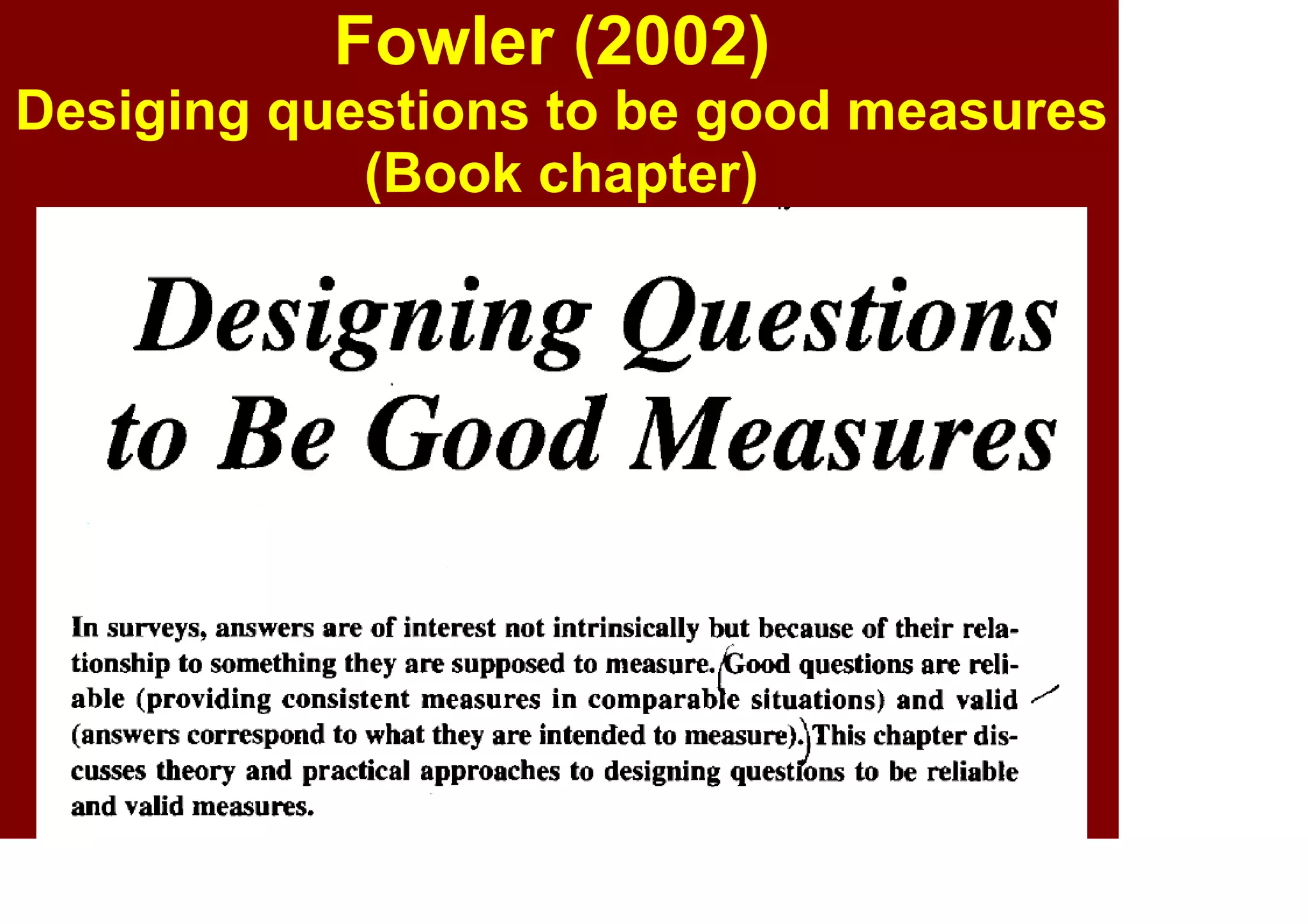 Howitt & Cramer (2014)
Introduction to Statistics in Psychology
(Book chapters)
Ch 29 Statistics and the analysis of experiments
Ch 34 The analysis of a questionnaire/survey project
 