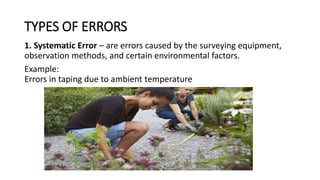 TYPES OF ERRORS
1. Systematic Error – are errors caused by the surveying equipment,
observation methods, and certain environmental factors.
Example:
Errors in taping due to ambient temperature
 