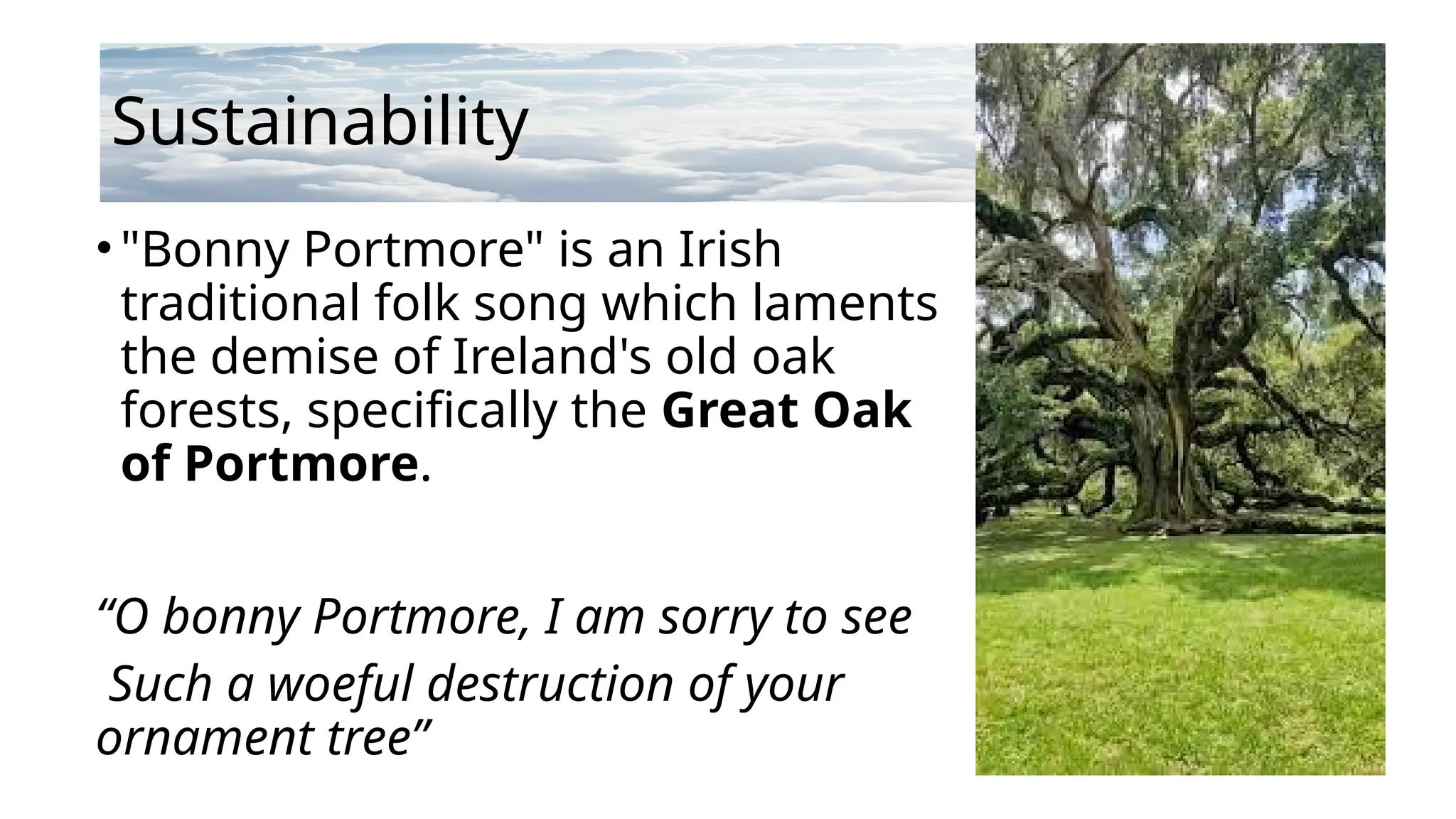 Sustainability
• "Bonny Portmore" is an Irish
traditional folk song which laments
the demise of Ireland's old oak
forests, specifically the Great Oak
of Portmore.
“O bonny Portmore, I am sorry to see
Such a woeful destruction of your
ornament tree”
 