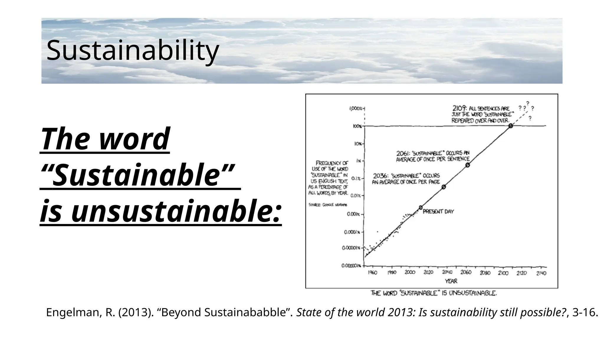 Sustainability
The word
“Sustainable”
is unsustainable:
Engelman, R. (2013). “Beyond Sustainababble”. State of the world 2013: Is sustainability still possible?, 3-16.
 