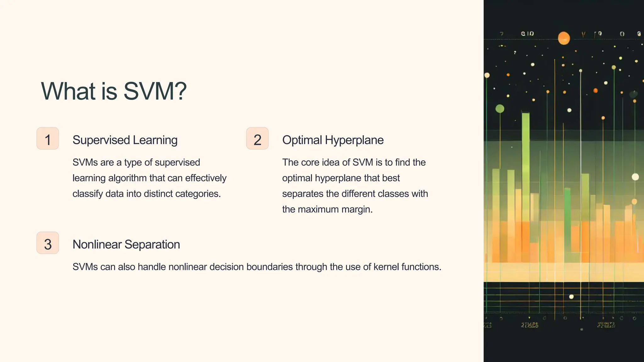 What is SVM?
1 Supervised Learning
SVMs are a type of supervised
learning algorithm that can effectively
classify data into distinct categories.
2 Optimal Hyperplane
The core idea of SVM is to find the
optimal hyperplane that best
separates the different classes with
the maximum margin.
3 Nonlinear Separation
SVMs can also handle nonlinear decision boundaries through the use of kernel functions.
 