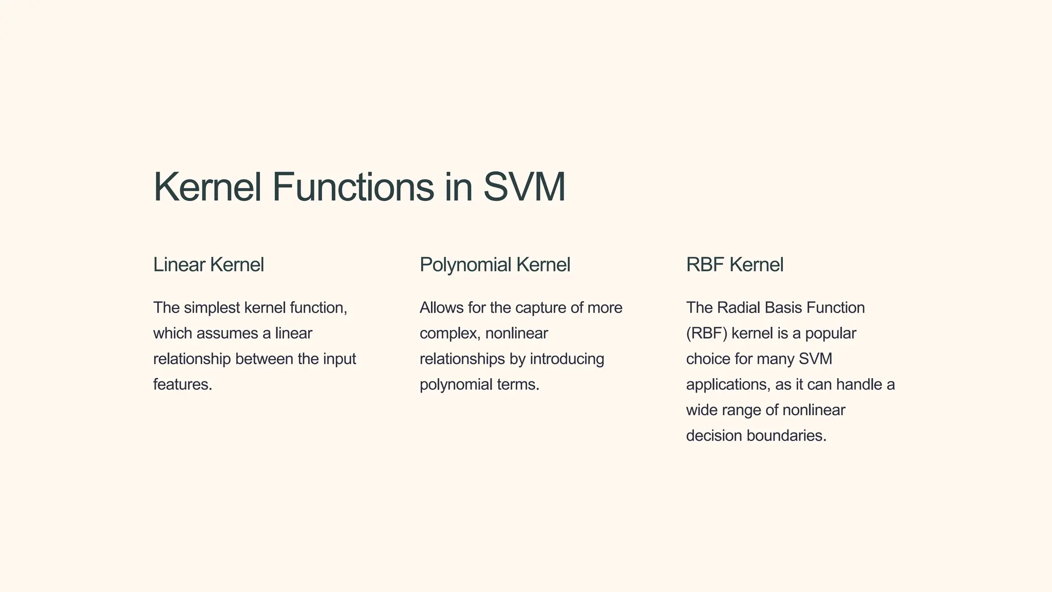 Kernel Functions in SVM
Linear Kernel
The simplest kernel function,
which assumes a linear
relationship between the input
features.
Polynomial Kernel
Allows for the capture of more
complex, nonlinear
relationships by introducing
polynomial terms.
RBF Kernel
The Radial Basis Function
(RBF) kernel is a popular
choice for many SVM
applications, as it can handle a
wide range of nonlinear
decision boundaries.
 