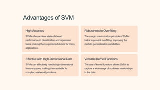 Advantages of SVM
High Accuracy
SVMs often achieve state-of-the-art
performance in classification and regression
tasks, making them a preferred choice for many
applications.
Robustness to Overfitting
The margin maximization principle of SVMs
helps to prevent overfitting, improving the
model's generalization capabilities.
Effective with High-Dimensional Data
SVMs can effectively handle high-dimensional
feature spaces, making them suitable for
complex, real-world problems.
Versatile Kernel Functions
The use of kernel functions allows SVMs to
capture a wide range of nonlinear relationships
in the data.
 