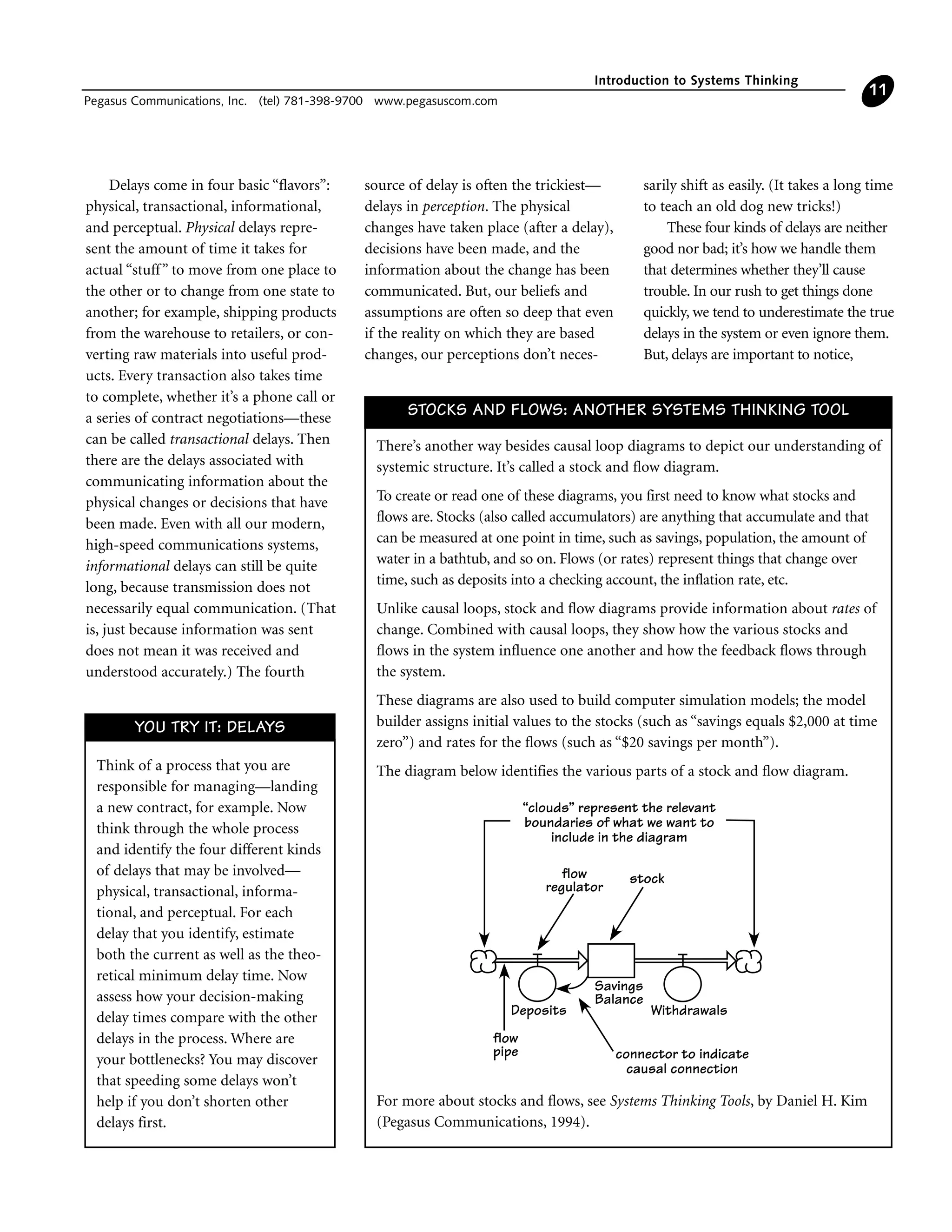 Delays come in four basic “flavors”:
physical, transactional, informational,
and perceptual. Physical delays repre-
sent the amount of time it takes for
actual “stuff” to move from one place to
the other or to change from one state to
another; for example, shipping products
from the warehouse to retailers, or con-
verting raw materials into useful prod-
ucts. Every transaction also takes time
to complete, whether it’s a phone call or
a series of contract negotiations—these
can be called transactional delays. Then
there are the delays associated with
communicating information about the
physical changes or decisions that have
been made. Even with all our modern,
high-speed communications systems,
informational delays can still be quite
long, because transmission does not
necessarily equal communication. (That
is, just because information was sent
does not mean it was received and
understood accurately.) The fourth
source of delay is often the trickiest—
delays in perception. The physical
changes have taken place (after a delay),
decisions have been made, and the
information about the change has been
communicated. But, our beliefs and
assumptions are often so deep that even
if the reality on which they are based
changes, our perceptions don’t neces-
sarily shift as easily. (It takes a long time
to teach an old dog new tricks!)
These four kinds of delays are neither
good nor bad; it’s how we handle them
that determines whether they’ll cause
trouble. In our rush to get things done
quickly, we tend to underestimate the true
delays in the system or even ignore them.
But, delays are important to notice,
Introduction to Systems Thinking
Pegasus Communications, Inc. (tel) 781-398-9700 www.pegasuscom.com
11
There’s another way besides causal loop diagrams to depict our understanding of
systemic structure. It’s called a stock and flow diagram.
To create or read one of these diagrams, you first need to know what stocks and
flows are. Stocks (also called accumulators) are anything that accumulate and that
can be measured at one point in time, such as savings, population, the amount of
water in a bathtub, and so on. Flows (or rates) represent things that change over
time, such as deposits into a checking account, the inflation rate, etc.
Unlike causal loops, stock and flow diagrams provide information about rates of
change. Combined with causal loops, they show how the various stocks and
flows in the system influence one another and how the feedback flows through
the system.
These diagrams are also used to build computer simulation models; the model
builder assigns initial values to the stocks (such as “savings equals $2,000 at time
zero”) and rates for the flows (such as “$20 savings per month”).
The diagram below identifies the various parts of a stock and flow diagram.
For more about stocks and flows, see Systems Thinking Tools, by Daniel H. Kim
(Pegasus Communications, 1994).
Savings
Balance
flow
pipe
Withdrawals
“clouds” represent the relevant
boundaries of what we want to
include in the diagram
flow
regulator
stock
connector to indicate
causal connection
Deposits
STOCKS AND FLOWS: ANOTHER SYSTEMS THINKING TOOL
Think of a process that you are
responsible for managing—landing
a new contract, for example. Now
think through the whole process
and identify the four different kinds
of delays that may be involved—
physical, transactional, informa-
tional, and perceptual. For each
delay that you identify, estimate
both the current as well as the theo-
retical minimum delay time. Now
assess how your decision-making
delay times compare with the other
delays in the process. Where are
your bottlenecks? You may discover
that speeding some delays won’t
help if you don’t shorten other
delays first.
YOU TRY IT: DELAYS
 