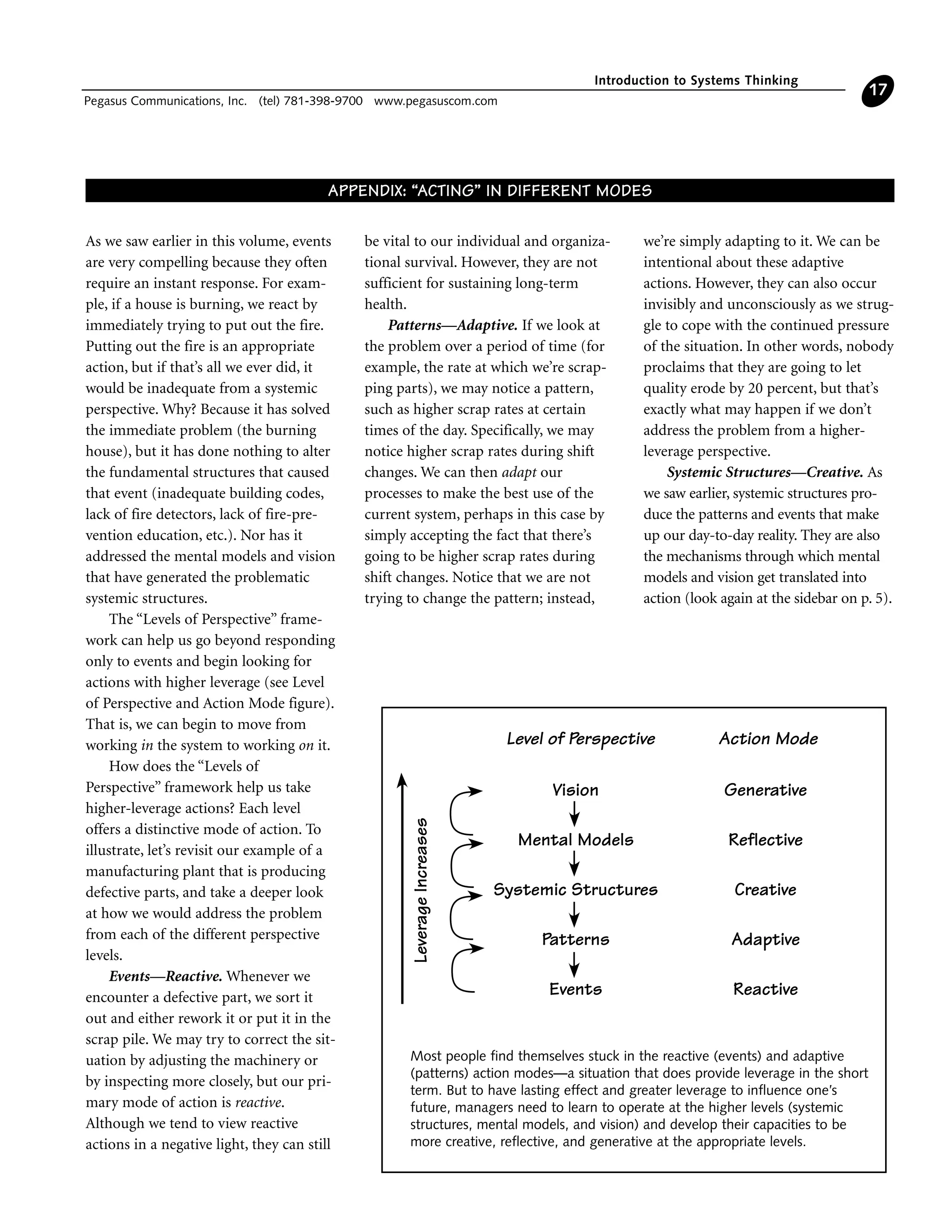 As we saw earlier in this volume, events
are very compelling because they often
require an instant response. For exam-
ple, if a house is burning, we react by
immediately trying to put out the fire.
Putting out the fire is an appropriate
action, but if that’s all we ever did, it
would be inadequate from a systemic
perspective. Why? Because it has solved
the immediate problem (the burning
house), but it has done nothing to alter
the fundamental structures that caused
that event (inadequate building codes,
lack of fire detectors, lack of fire-pre-
vention education, etc.). Nor has it
addressed the mental models and vision
that have generated the problematic
systemic structures.
The “Levels of Perspective” frame-
work can help us go beyond responding
only to events and begin looking for
actions with higher leverage (see Level
of Perspective and Action Mode figure).
That is, we can begin to move from
working in the system to working on it.
How does the “Levels of
Perspective” framework help us take
higher-leverage actions? Each level
offers a distinctive mode of action. To
illustrate, let’s revisit our example of a
manufacturing plant that is producing
defective parts, and take a deeper look
at how we would address the problem
from each of the different perspective
levels.
Events—Reactive. Whenever we
encounter a defective part, we sort it
out and either rework it or put it in the
scrap pile. We may try to correct the sit-
uation by adjusting the machinery or
by inspecting more closely, but our pri-
mary mode of action is reactive.
Although we tend to view reactive
actions in a negative light, they can still
be vital to our individual and organiza-
tional survival. However, they are not
sufficient for sustaining long-term
health.
Patterns—Adaptive. If we look at
the problem over a period of time (for
example, the rate at which we’re scrap-
ping parts), we may notice a pattern,
such as higher scrap rates at certain
times of the day. Specifically, we may
notice higher scrap rates during shift
changes. We can then adapt our
processes to make the best use of the
current system, perhaps in this case by
simply accepting the fact that there’s
going to be higher scrap rates during
shift changes. Notice that we are not
trying to change the pattern; instead,
we’re simply adapting to it. We can be
intentional about these adaptive
actions. However, they can also occur
invisibly and unconsciously as we strug-
gle to cope with the continued pressure
of the situation. In other words, nobody
proclaims that they are going to let
quality erode by 20 percent, but that’s
exactly what may happen if we don’t
address the problem from a higher-
leverage perspective.
Systemic Structures—Creative. As
we saw earlier, systemic structures pro-
duce the patterns and events that make
up our day-to-day reality. They are also
the mechanisms through which mental
models and vision get translated into
action (look again at the sidebar on p. 5).
Introduction to Systems Thinking
Pegasus Communications, Inc. (tel) 781-398-9700 www.pegasuscom.com
17
Level of Perspective Action Mode
Generative
Reflective
Creative
Adaptive
Reactive
LeverageIncreases
Vision
Mental Models
Systemic Structures
Patterns
Events
Most people find themselves stuck in the reactive (events) and adaptive
(patterns) action modes—a situation that does provide leverage in the short
term. But to have lasting effect and greater leverage to influence one’s
future, managers need to learn to operate at the higher levels (systemic
structures, mental models, and vision) and develop their capacities to be
more creative, reflective, and generative at the appropriate levels.
APPENDIX: “ACTING” IN DIFFERENT MODES
 
