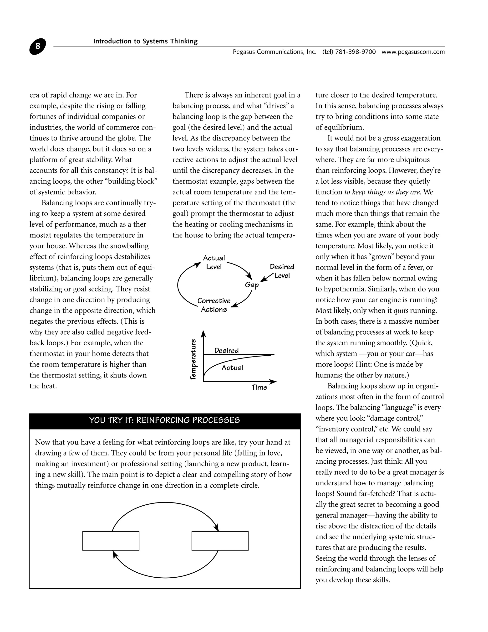era of rapid change we are in. For
example, despite the rising or falling
fortunes of individual companies or
industries, the world of commerce con-
tinues to thrive around the globe. The
world does change, but it does so on a
platform of great stability. What
accounts for all this constancy? It is bal-
ancing loops, the other “building block”
of systemic behavior.
Balancing loops are continually try-
ing to keep a system at some desired
level of performance, much as a ther-
mostat regulates the temperature in
your house. Whereas the snowballing
effect of reinforcing loops destabilizes
systems (that is, puts them out of equi-
librium), balancing loops are generally
stabilizing or goal seeking. They resist
change in one direction by producing
change in the opposite direction, which
negates the previous effects. (This is
why they are also called negative feed-
back loops.) For example, when the
thermostat in your home detects that
the room temperature is higher than
the thermostat setting, it shuts down
the heat.
There is always an inherent goal in a
balancing process, and what “drives” a
balancing loop is the gap between the
goal (the desired level) and the actual
level. As the discrepancy between the
two levels widens, the system takes cor-
rective actions to adjust the actual level
until the discrepancy decreases. In the
thermostat example, gaps between the
actual room temperature and the tem-
perature setting of the thermostat (the
goal) prompt the thermostat to adjust
the heating or cooling mechanisms in
the house to bring the actual tempera-
ture closer to the desired temperature.
In this sense, balancing processes always
try to bring conditions into some state
of equilibrium.
It would not be a gross exaggeration
to say that balancing processes are every-
where. They are far more ubiquitous
than reinforcing loops. However, they’re
a lot less visible, because they quietly
function to keep things as they are. We
tend to notice things that have changed
much more than things that remain the
same. For example, think about the
times when you are aware of your body
temperature. Most likely, you notice it
only when it has “grown” beyond your
normal level in the form of a fever, or
when it has fallen below normal owing
to hypothermia. Similarly, when do you
notice how your car engine is running?
Most likely, only when it quits running.
In both cases, there is a massive number
of balancing processes at work to keep
the system running smoothly. (Quick,
which system —you or your car—has
more loops? Hint: One is made by
humans; the other by nature.)
Balancing loops show up in organi-
zations most often in the form of control
loops. The balancing “language” is every-
where you look: “damage control,”
“inventory control,” etc. We could say
that all managerial responsibilities can
be viewed, in one way or another, as bal-
ancing processes. Just think: All you
really need to do to be a great manager is
understand how to manage balancing
loops! Sound far-fetched? That is actu-
ally the great secret to becoming a good
general manager—having the ability to
rise above the distraction of the details
and see the underlying systemic struc-
tures that are producing the results.
Seeing the world through the lenses of
reinforcing and balancing loops will help
you develop these skills.
Introduction to Systems Thinking
Pegasus Communications, Inc. (tel) 781-398-9700 www.pegasuscom.com
8
Temperature
Time
Actual
Desired
Actual
Level
Corrective
Actions
Desired
Level
Gap
Now that you have a feeling for what reinforcing loops are like, try your hand at
drawing a few of them. They could be from your personal life (falling in love,
making an investment) or professional setting (launching a new product, learn-
ing a new skill). The main point is to depict a clear and compelling story of how
things mutually reinforce change in one direction in a complete circle.
YOU TRY IT: REINFORCING PROCESSES
 