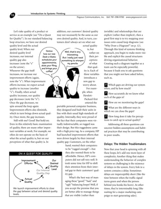Let’s take quality of a product or
service as an example (see “On a Quest
for Quality”). In our standard balancing
loop structure, we have our desired
quality level and the actual
quality level. When our
desired quality level
increases, our internal
quality gap also
increases (note the “s”
on the arrow).
Whenever the gap itself
increases, we increase our
improvement efforts (again,
note the “s”). When improvement
efforts increase, we expect actual
quality to increase (another
“s”). Finally, when actual
quality increases, our quality
gap decreases (note the “o”).
Once the gap decreases, we
spin around the loop again:
Improvement efforts also diminish,
which in turn brings down actual qual-
ity. Once more, the gap increases.
Still with me? Good! But hold on:
Even in this relatively basic examination
of quality, there are many other impor-
tant variables at work. For example, we
often do not operate on the basis of
what the actual quality is, but on our
perceptions of what that quality is. In
addition, our customers’ desired quality
may not necessarily be the same as our
own desired quality. And, in turn, cus-
tomers don’t always act on what our
actual quality
is, but
rather on
their per-
ceptions
of what
that qual-
ity is. Each of
these variables
introduces a
new gap to
worry about.
For exam-
ple, when
Hewlett-
Packard first
entered the
portable personal computer business,
they designed and built their units in
line with their usual high standards of
quality. Internally, they were proud of
the fact that their computers were vir-
tually indestructable, so rugged was
their design. But this ruggedness came
with a high price tag. As a company, HP
had launched improvement efforts that
were driven largely by their internal
quality gap. Customers, on the other
hand, wanted their computers
to be “rugged enough”—but
they also wanted them to be
affordable. Hence, HP’s com-
puters did not sell very well. It
took some time for HP to shift
their attention from their inter-
nal gap to their customers’ qual-
ity gap.
What’s the best way of man-
aging these “good,”“bad,” and
“ugly” balancing loops? Well, if
you accept the premise that you
are better able to manage things
that are visible (rather than
invisible) and relationships that are
explicit (rather than implicit), then a
good first step is to try mapping your
issues onto causal loop diagrams (see
“Why Draw a Diagram?” on p. 12).
Through this kind of systems thinking
approach, you begin to make more visi-
ble and explicit the causal structures
driving organizational behavior.
Creating such a diagram together as a
team can be especially powerful,
because it leads you to ask questions
that you might not have asked before,
such as,
Which gaps are driving our system
when, and by how much?
How accurately do we know what
each of the gaps is?
How are we monitoring the gaps?
What are the different ways in
which we can close the gaps?
How long does it take for percep-
tions to catch up to actual quality?
Addressing all these questions can
uncover hidden assumptions and habit-
ual practices that may be contributing
to poor results.
Delays: The Hidden Troublemakers
Now that your head is spinning with all
these loops, let’s add one more layer of
complexity. Another thing that makes
understanding the behavior of complex
systems so challenging is the existence
of delays in the system. Every link in a
system contains a delay. Sometimes
delays are imperceptibly short (like the
time between when the traffic signal
turns green and when the person
behind you honks his horn). At other
times, they’re interminably long (like
waiting for a major marketing cam-
paign to start generating sales).
?
?
?
?
?
Introduction to Systems Thinking
Pegasus Communications, Inc. (tel) 781-398-9700 www.pegasuscom.com
10
ON A QUEST FOR QUALITY
Improvement
Efforts
Actual
Quality
Our
Desired
Quality
LevelOur Internal
Quality Gap
s
s
s
o
B
We launch improvement efforts to close
the gap between actual and desired quality
levels.
Notice
how our new
Desk-o-Matic
schedules your
appointments,
does your filing,
and brings your
coffee!
Well, that's very
interesting.
But I really just need
something to sharpen
my pencils.
 