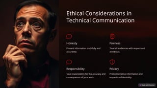 Ethical Considerations in
Technical Communication
Honesty
Present information truthfully and
accurately.
Fairness
Treat all audiences with respect and
avoid bias.
Responsibility
Take responsibility for the accuracy and
consequences of your work.
Privacy
Protect sensitive information and
respect confidentiality.
 