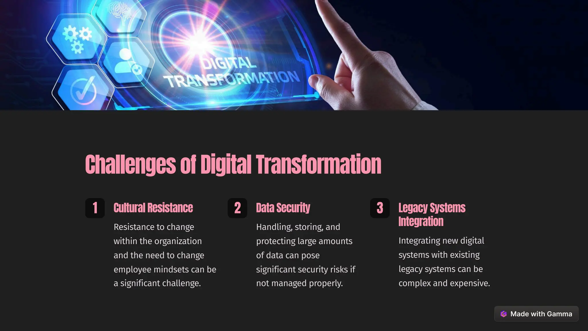 Challenges of Digital Transformation
1 Cultural Resistance
Resistance to change
within the organization
and the need to change
employee mindsets can be
a significant challenge.
2 Data Security
Handling, storing, and
protecting large amounts
of data can pose
significant security risks if
not managed properly.
3 Legacy Systems
Integration
Integrating new digital
systems with existing
legacy systems can be
complex and expensive.
 