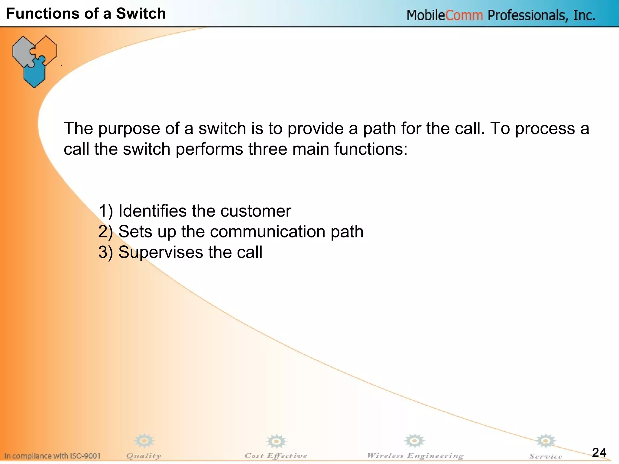 24
The purpose of a switch is to provide a path for the call. To process a
call the switch performs three main functions:
1) Identifies the customer
2) Sets up the communication path
3) Supervises the call
Functions of a Switch
 