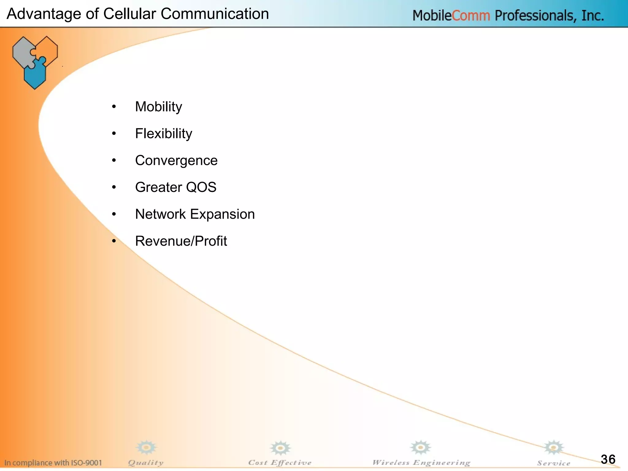 36
• Mobility
• Flexibility
• Convergence
• Greater QOS
• Network Expansion
• Revenue/Profit
Advantage of Cellular Communication
 