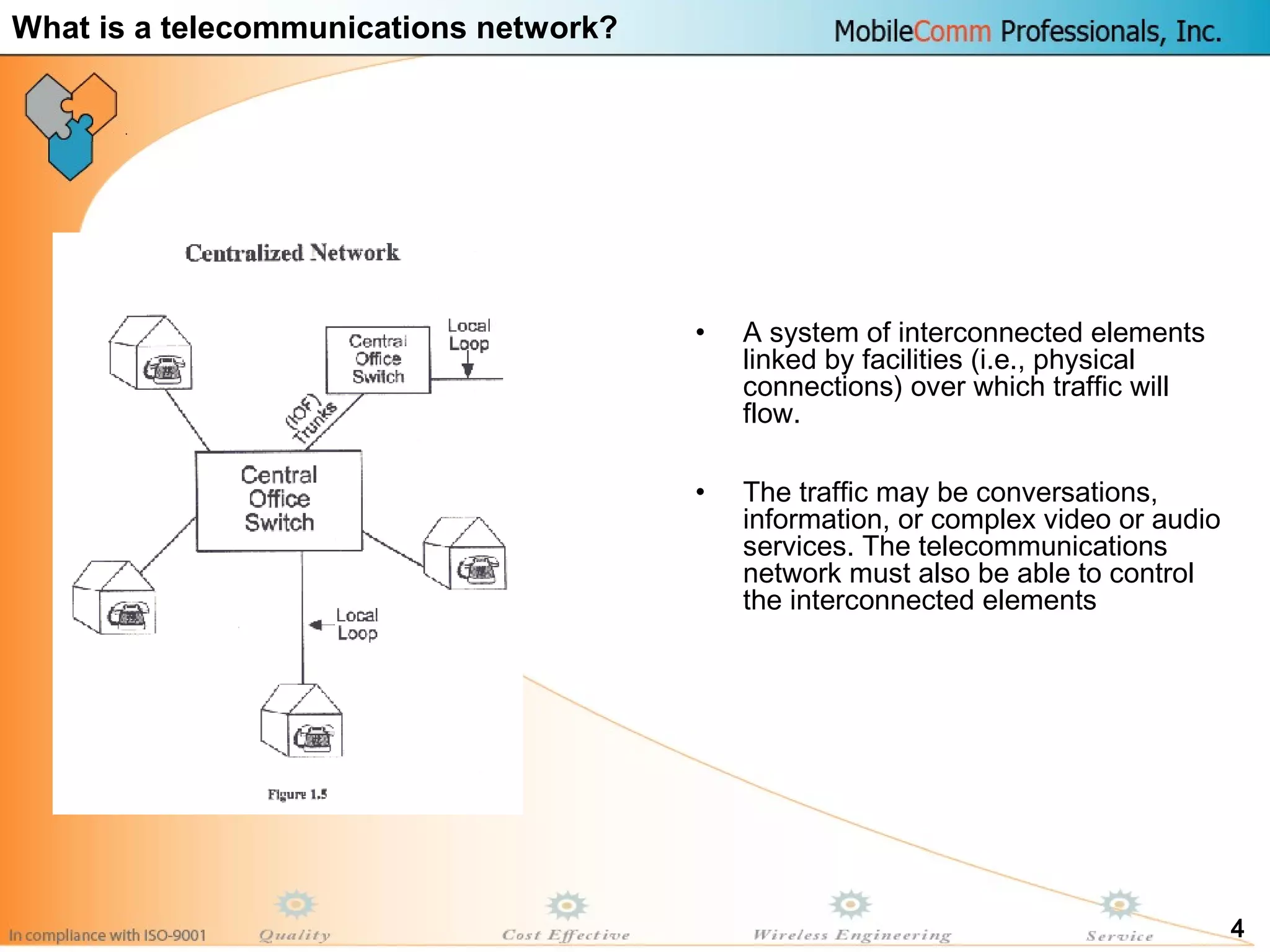 4
• A system of interconnected elements
linked by facilities (i.e., physical
connections) over which traffic will
flow.
• The traffic may be conversations,
information, or complex video or audio
services. The telecommunications
network must also be able to control
the interconnected elements
What is a telecommunications network?
 