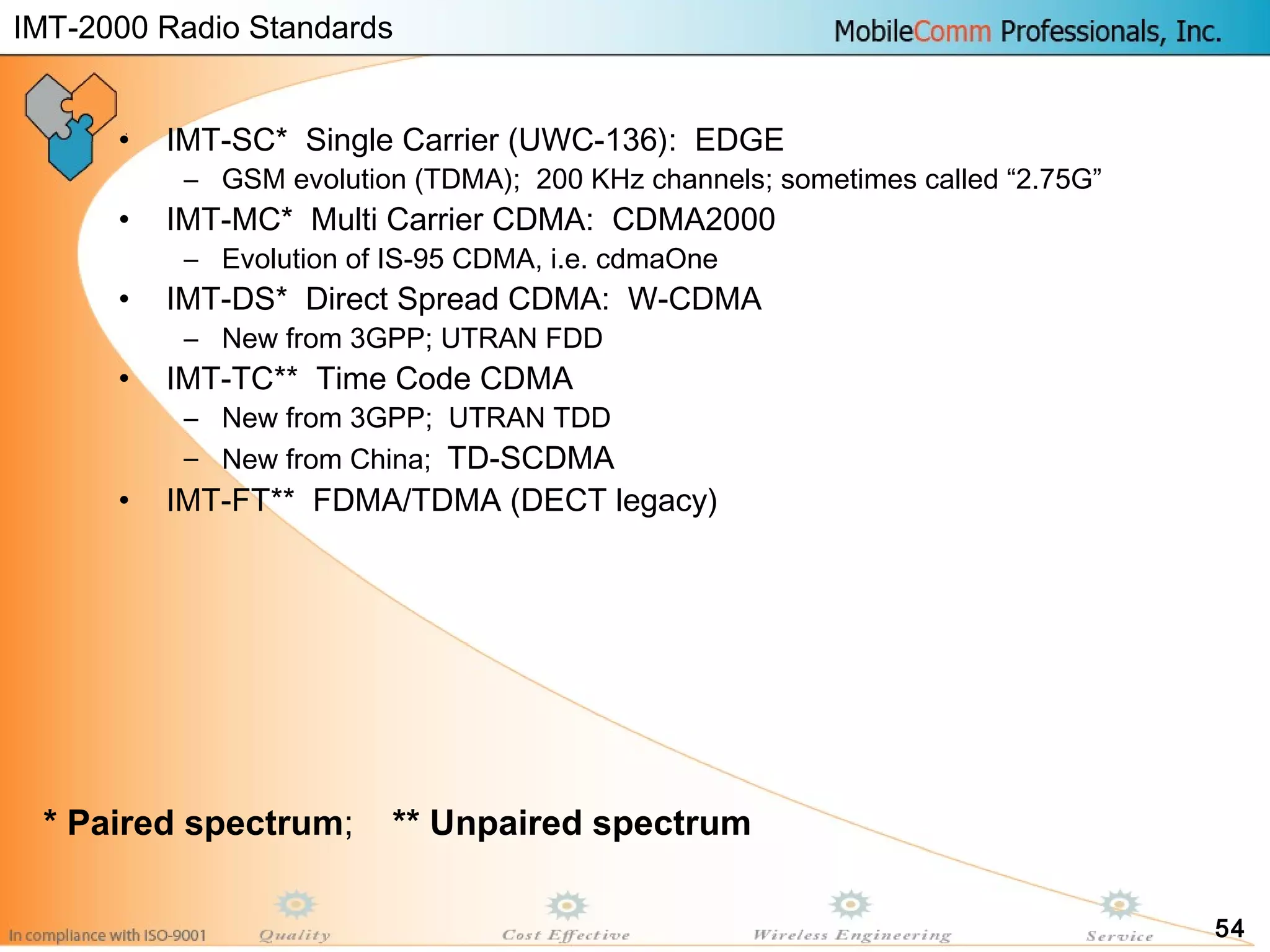 54
• IMT-SC* Single Carrier (UWC-136): EDGE
– GSM evolution (TDMA); 200 KHz channels; sometimes called “2.75G”
• IMT-MC* Multi Carrier CDMA: CDMA2000
– Evolution of IS-95 CDMA, i.e. cdmaOne
• IMT-DS* Direct Spread CDMA: W-CDMA
– New from 3GPP; UTRAN FDD
• IMT-TC** Time Code CDMA
– New from 3GPP; UTRAN TDD
– New from China; TD-SCDMA
• IMT-FT** FDMA/TDMA (DECT legacy)
* Paired spectrum; ** Unpaired spectrum
IMT-2000 Radio Standards
 