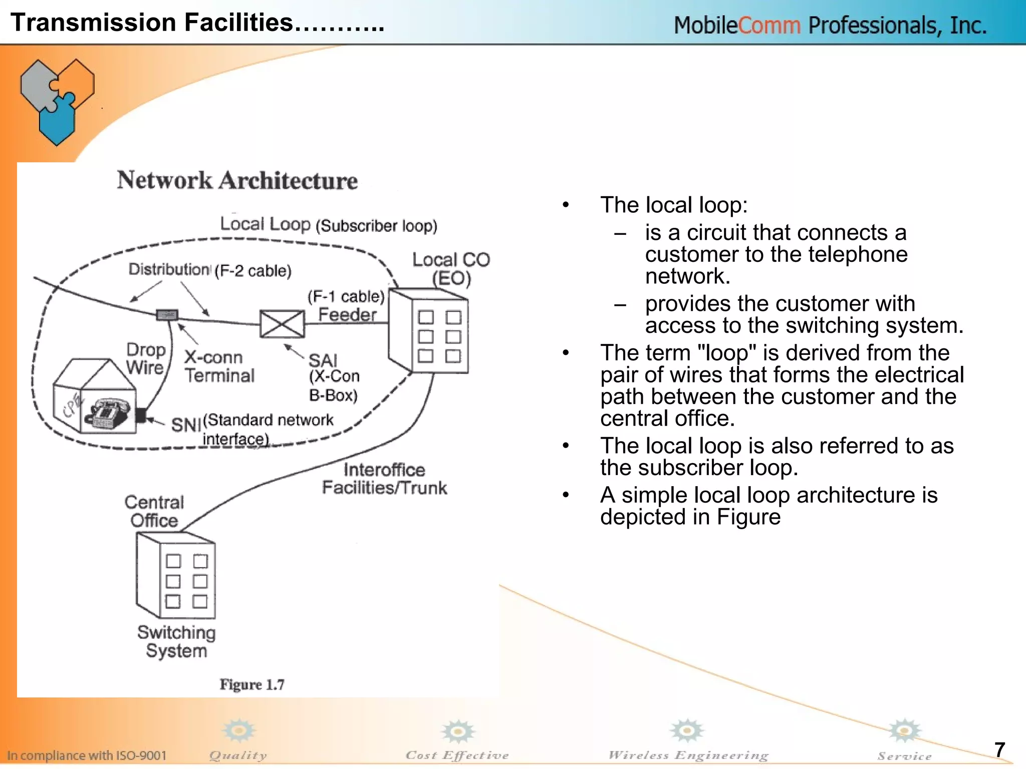 7
• The local loop:
– is a circuit that connects a
customer to the telephone
network.
– provides the customer with
access to the switching system.
• The term "loop" is derived from the
pair of wires that forms the electrical
path between the customer and the
central office.
• The local loop is also referred to as
the subscriber loop.
• A simple local loop architecture is
depicted in Figure
Transmission Facilities………..
 