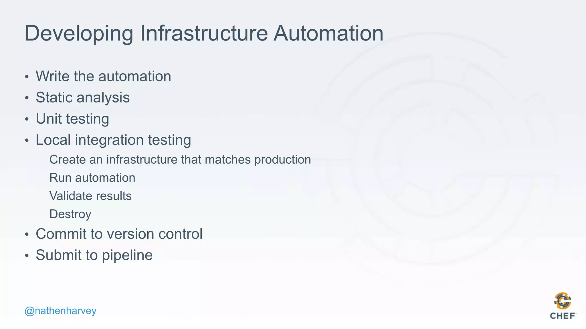 @nathenharvey
Developing Infrastructure Automation
• Write the automation
• Static analysis
• Unit testing
• Local integration testing
Create an infrastructure that matches production
Run automation
Validate results
Destroy
• Commit to version control
• Submit to pipeline
 