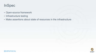 @nathenharvey
InSpec
• Open-source framework
• Infrastructure testing
• Make assertions about state of resources in the infrastructure
 