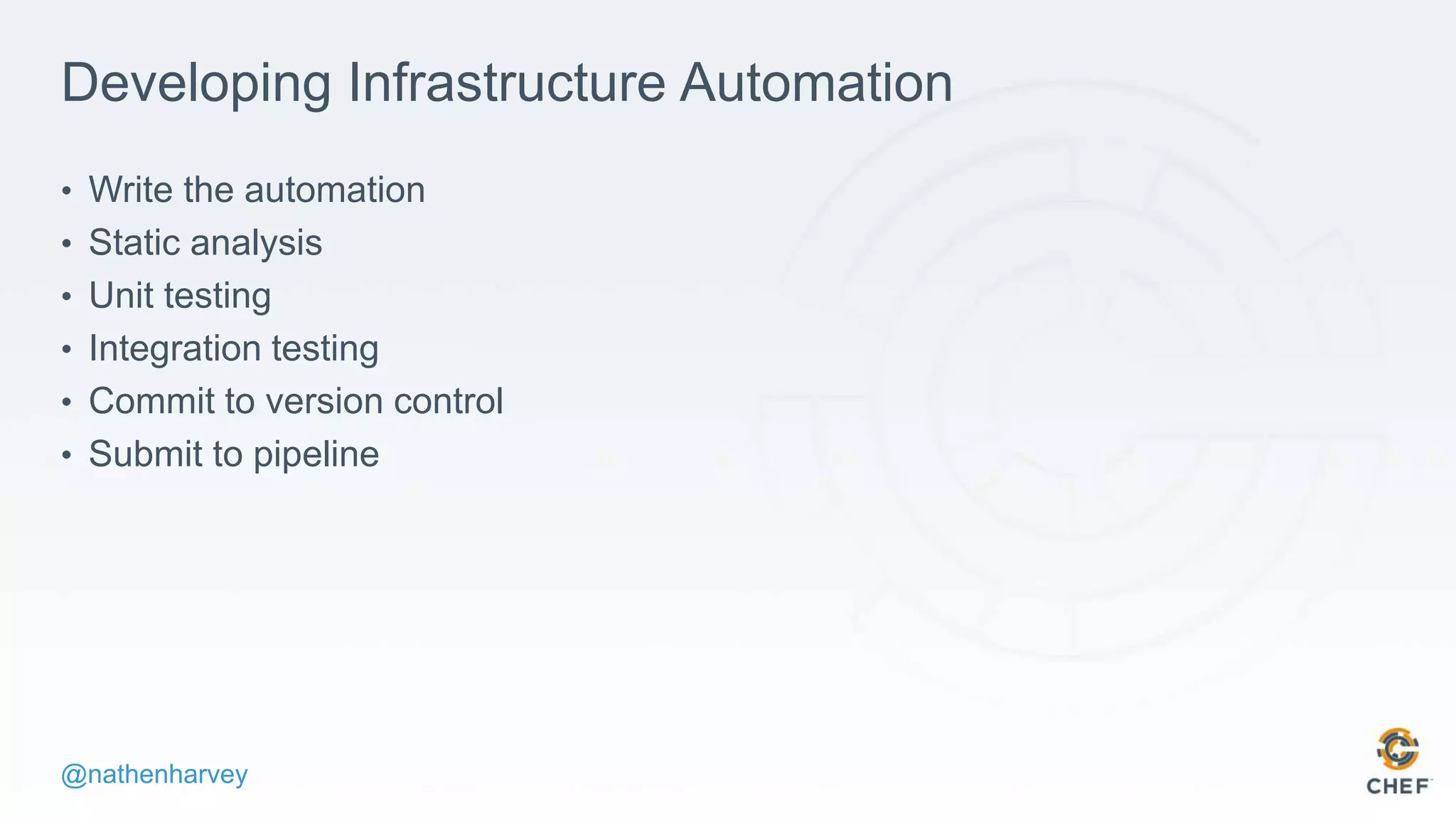 @nathenharvey
Developing Infrastructure Automation
• Write the automation
• Static analysis
• Unit testing
• Integration testing
• Commit to version control
• Submit to pipeline
 