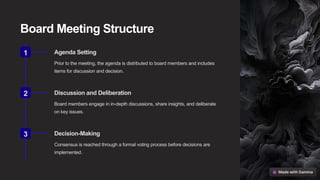 Board Meeting Structure
1 Agenda Setting
Prior to the meeting, the agenda is distributed to board members and includes
items for discussion and decision.
2 Discussion and Deliberation
Board members engage in in-depth discussions, share insights, and deliberate
on key issues.
3 Decision-Making
Consensus is reached through a formal voting process before decisions are
implemented.
 