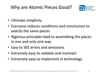 Why are Atomic Pieces Good?

• Ultimate simplicity
• Everyone reduces conditions and conclusions to
  exactly the same pieces
• Rigorous principles lead to assembling the pieces
  in one and only one way
• Easy to SEE errors and omissions
• Extremely easy to validate and maintain
• Extremely easy to implement in technology

 © 2010 Knowledge Partners International LLC ●www.kpiusa.com ● www.thedecisionmodel.com   12
 