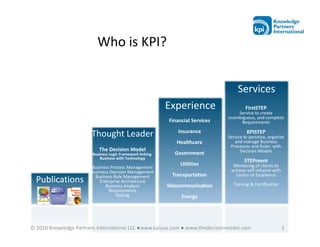 Who is KPI?


                                                                                     Services
                                                           Experience                    FirstSTEP
                                                                                    Service to create
                                                                                unambiguous, and complete
                                                           Financial Services        Requirements
                                                               Insurance
                       Thought Leader                                                    KPISTEP
                                                                                Service to perceive, organize
                                                              Healthcare           and manage Business
                                                                                 Processes and Rules with
                           The Decision Model                                         Decision Models
                        Business Logic Framework linking      Government
                            Business with Technology
                                                                                        STEPment
                                                                Utilities         Mentoring of clients to
                       Business Process Management
                       Business Decision Management                              achieve self-reliance with
                         Business Rule Management            Transportation        Center of Excellence
  Publications             Enterprise Architecture
                                                                                  Training & Certification
                              Business Analysis            Telecommunication
                               Requirements
                                   Testing                      Energy




© 2010 Knowledge Partners International LLC ●www.kpiusa.com ● www.thedecisionmodel.com                        2
 