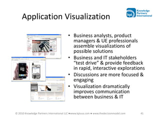 Application Visualization

                                         • Business analysts, product
                                           managers & UE professionals
                                           assemble visualizations of
                                           possible solutions
                                         • Business and IT stakeholders
                                           “test drive” & provide feedback
                                           in rapid, interactive explorations
                                         • Discussions are more focused &
                                           engaging
                                         • Visualization dramatically
                                           improves communication
                                           between business & IT

© 2010 Knowledge Partners International LLC ●www.kpiusa.com ● www.thedecisionmodel.com   41
 