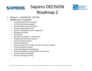 Sapiens DECISION
                                    Roadmap 2
•    Release 2 – Available Q3 - Q4 2011
•    BDMM Level 4 Capability
       –   Enhanced Decision View support
       –   Full Rule Family View support
       –   Enhanced Rich Internet Interface
       –   Process enabled governance
       –   Business Change Document management
       –   Whiteboard analysis
       –   Cell Wizards
       –   Rich Glossary Support – Communities
       –   ViewGroups for business context
       –   Enhanced impact analysis
       –   Enhanced reporting
       –   Advanced Query for complex searches and impact analysis
       –   Enhanced Model checking
       –   Automated deployment packaging
       –   Enhanced Interfaces to deployment environments
       –   Business Decision Messages
       –   Decision Catalogue Printing




    © 2010 Knowledge Partners International LLC ●www.kpiusa.com ● www.thedecisionmodel.com   52
 