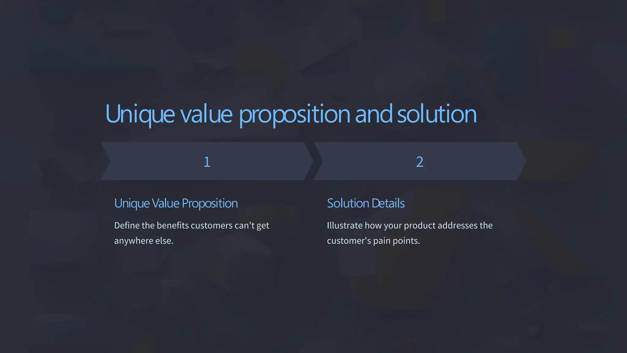 Unique value propositionandsolution
UniqueValueProposition
Define the benefits customers can’t get
anywhere else.
SolutionDetails
Illustrate how your product addresses the
customer's pain points.
 