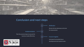 Conclusion and next steps
1 Reflection
Review the key takeaways and areas
for improvement.
2
Implementation
Plan the practical steps to execute the
business model effectively.
3 Future Insights
Anticipate the possible future
developments and market trends.
 