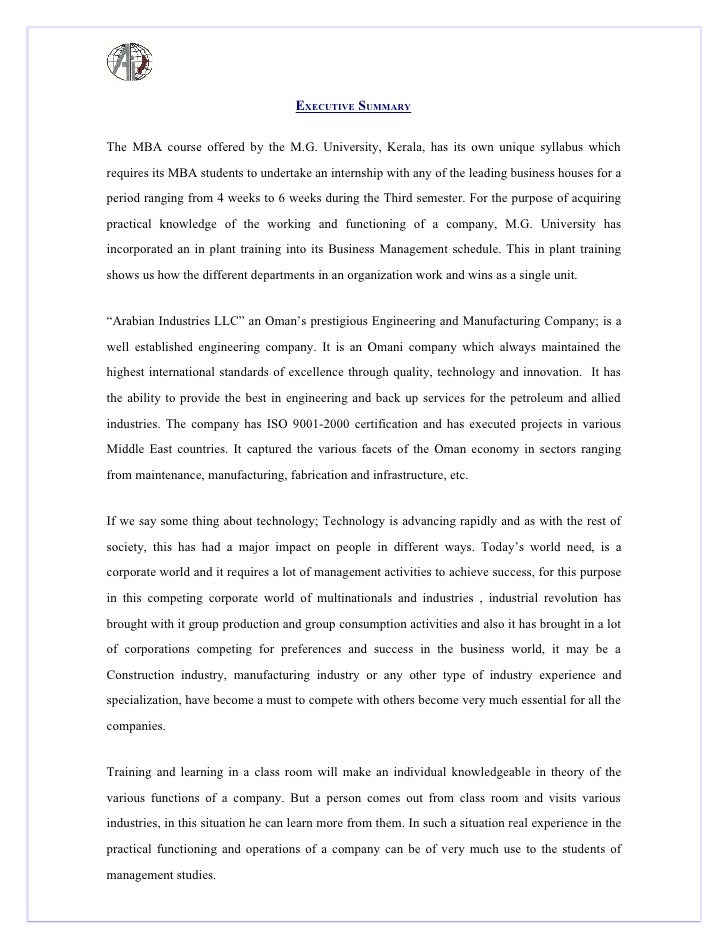 executive summary sample of mba project executive summary sample for project report