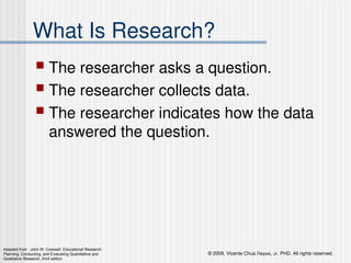 © 2009, Vicente Chua Reyes, Jr. PHD. All rights reserved.
Copyright © 2008 by Pearson Education, Inc.
Upper Saddle River, New Jersey 07458
All rights reserved.
What Is Research?
 The researcher asks a question.
 The researcher collects data.
 The researcher indicates how the data
answered the question.
Adapted from : John W. Creswell Educational Research:
Planning, Conducting, and Evaluating Quantitative and
Qualitative Research, third edition
 
